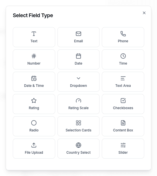 Select Field Type modal showing all available input field types including Text, Email, Phone, Number, Date, Time, and more
