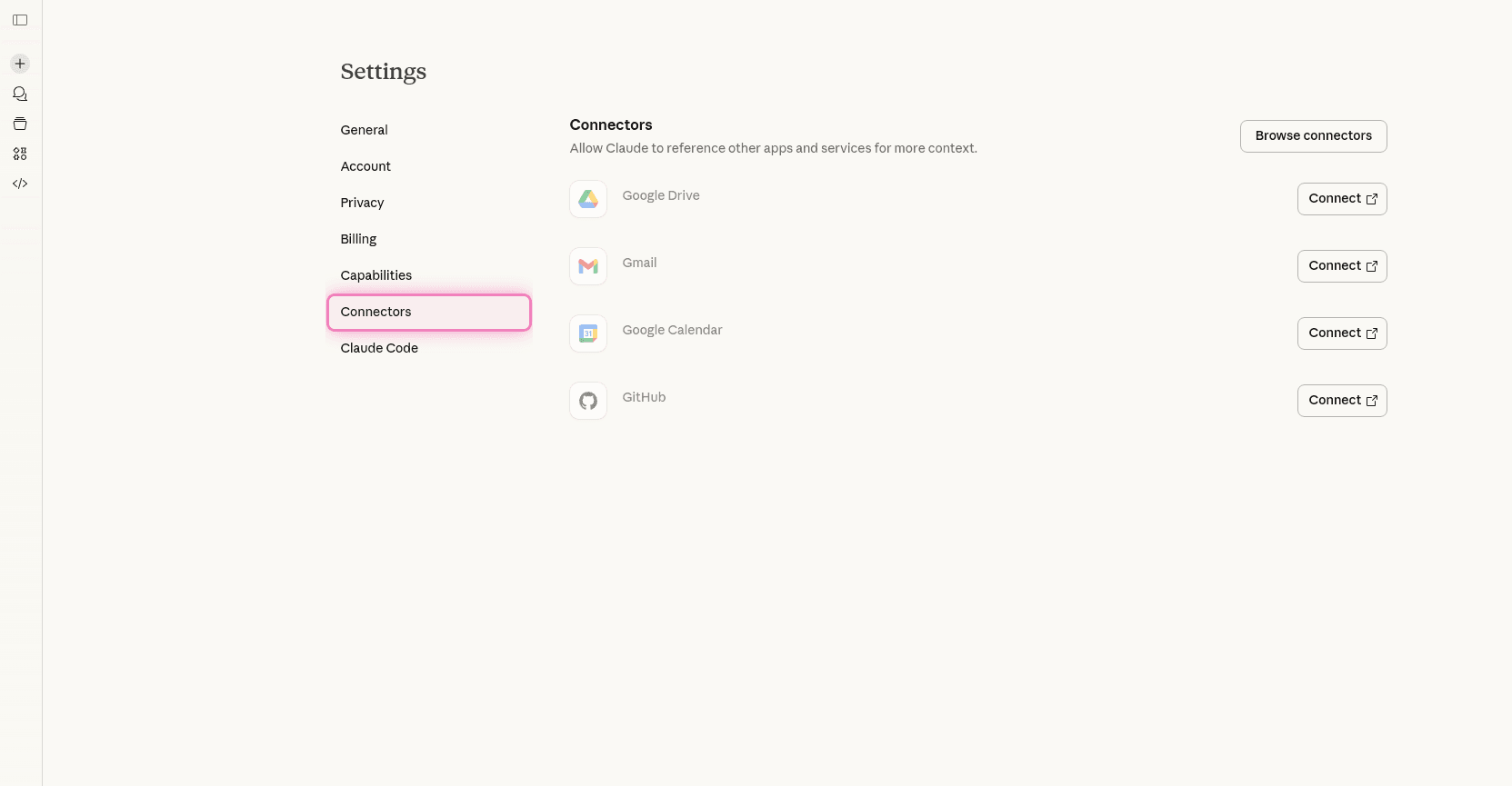 Connectors settings page