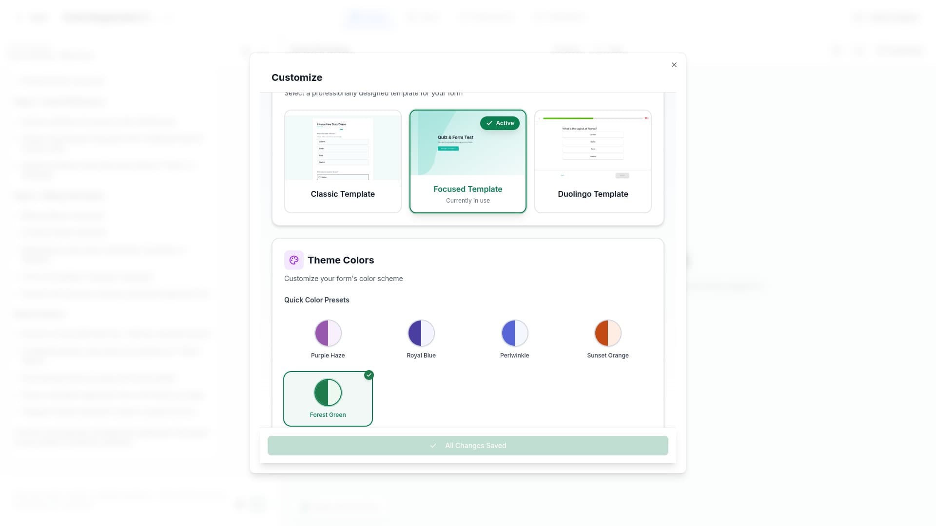 Theme colors section with presets