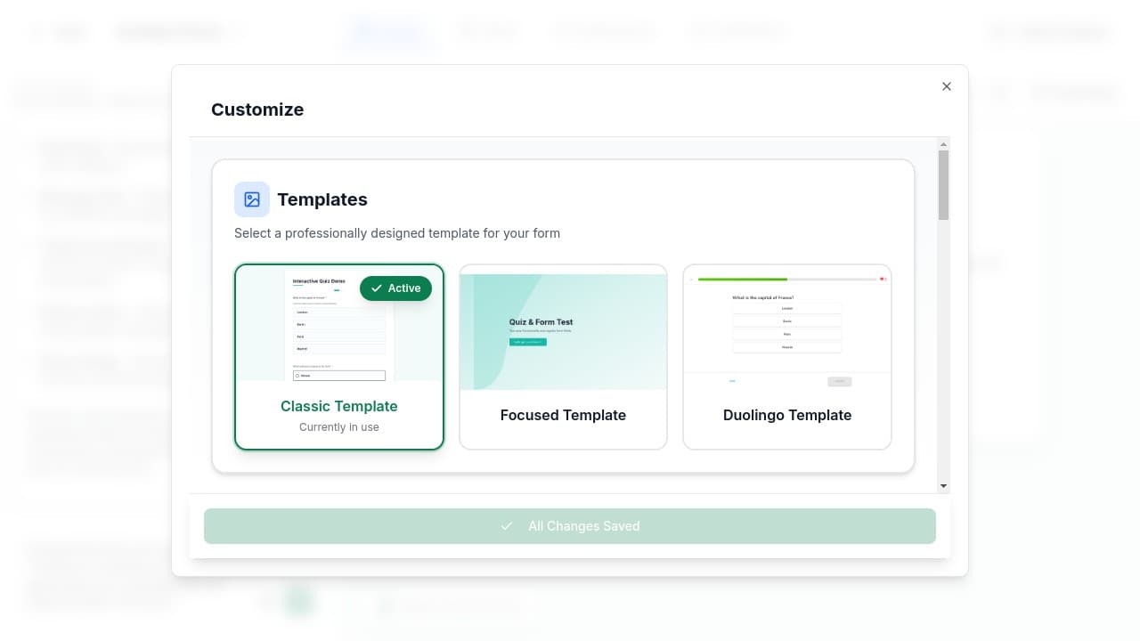 Customize dialog showing template options
