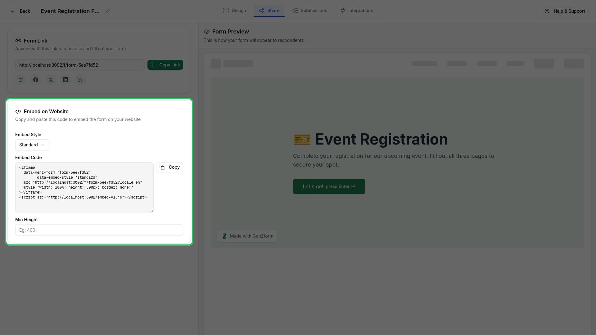 Embed on website section