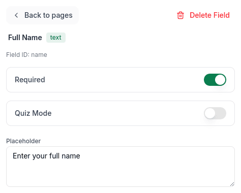 Field properties panel showing Required toggle enabled and Placeholder text field