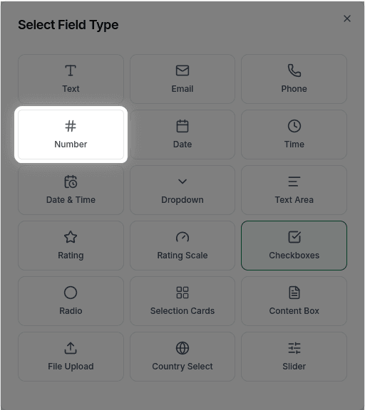 Number field in the field type selector