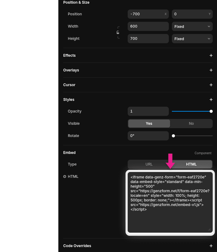 Embed code pasted in Framer