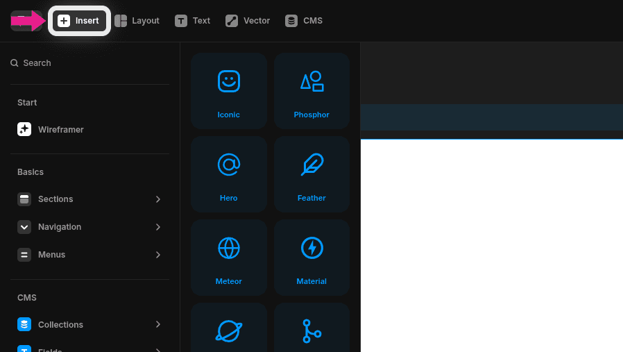 Click Insert button in Framer toolbar