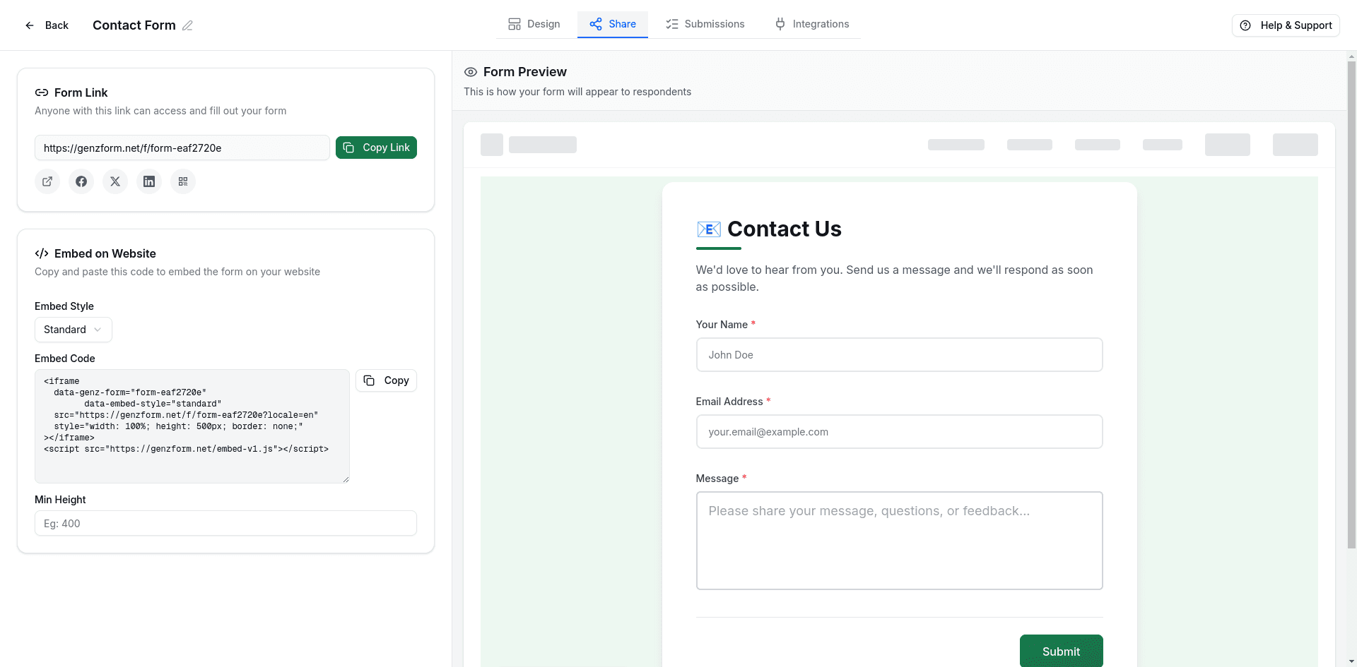 GenZform Share tab with embed code