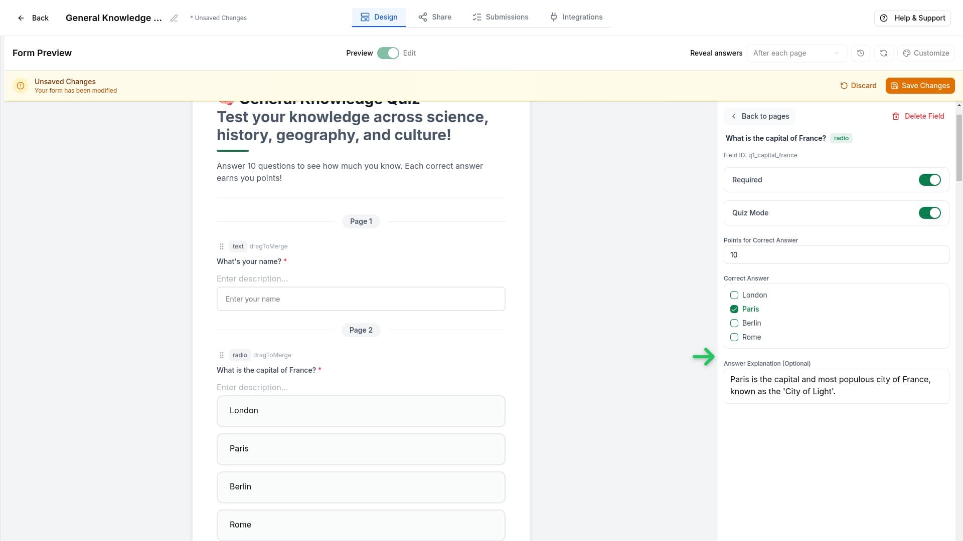 Editor properties panel showing the Answer Explanation field where you can add educational feedback for quiz questions