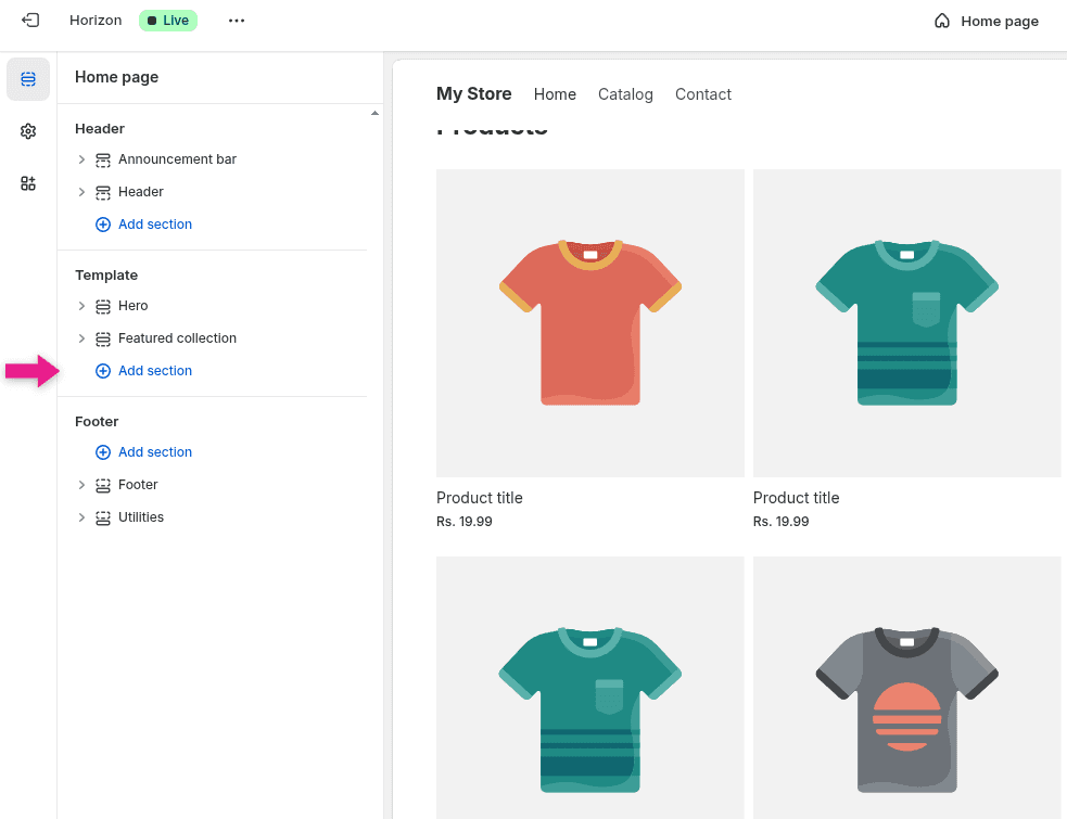 Click Add section in theme editor