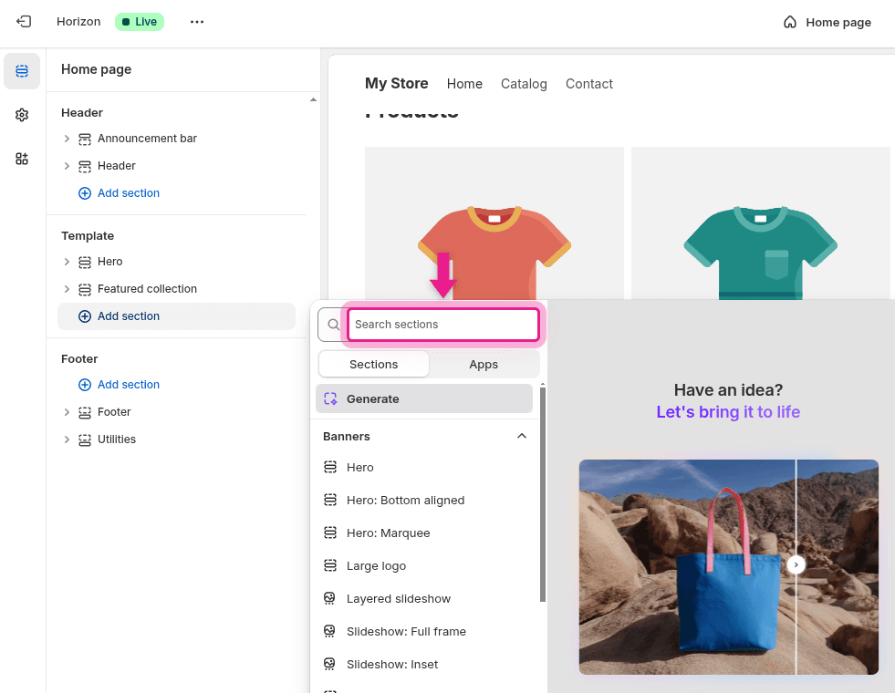 Search sections panel