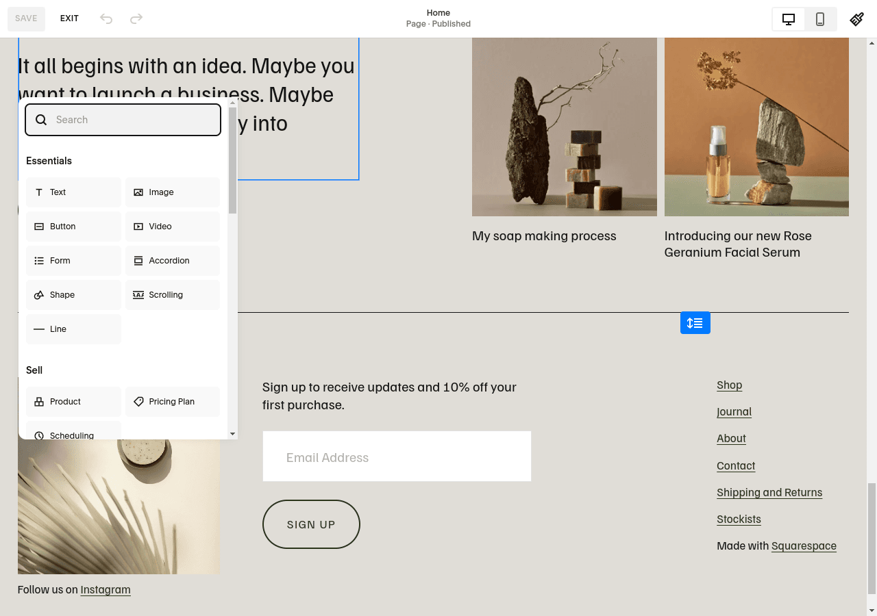 Squarespace Add Block panel