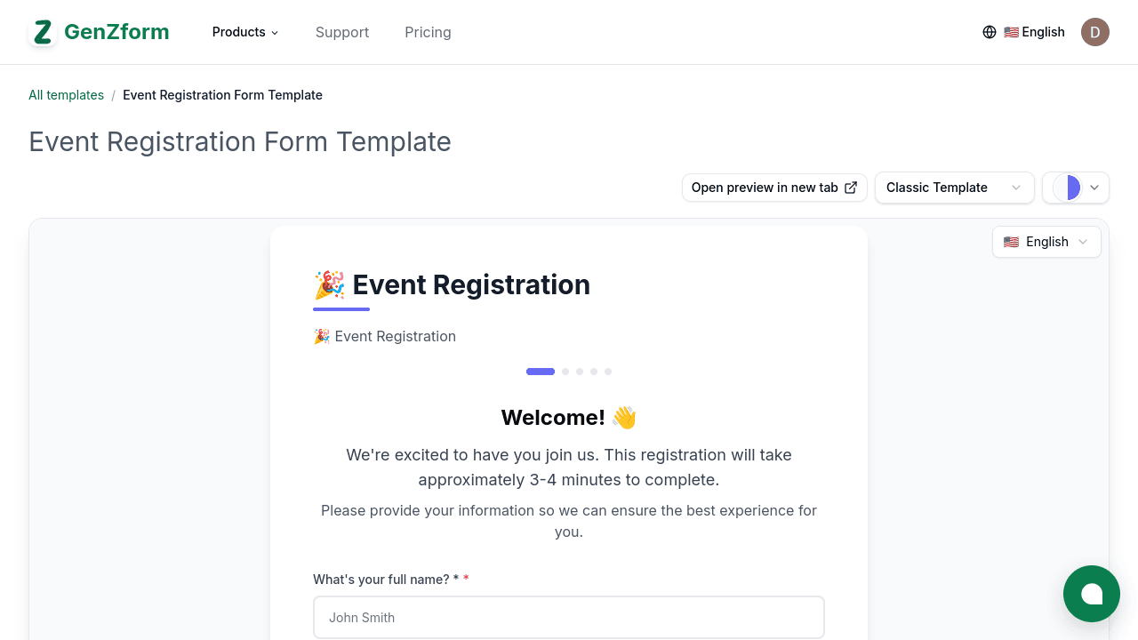 Template detail page with live preview