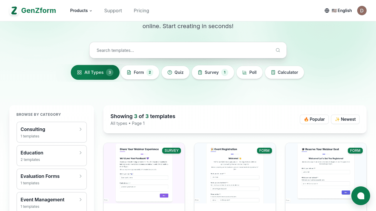 Templates gallery showing available form templates