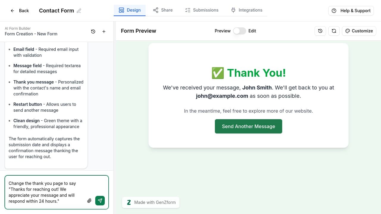 Type your thank you page changes in the AI chat