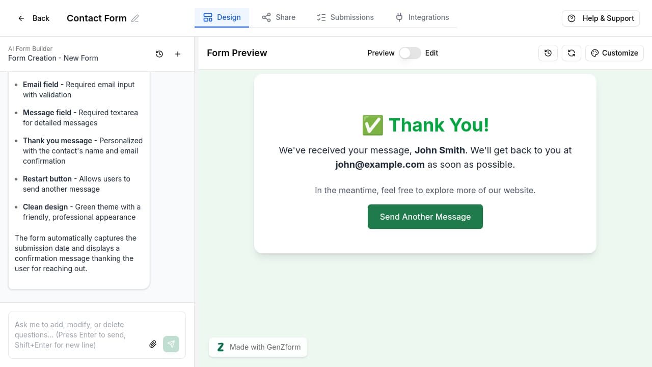 Thank you page showing personalized message