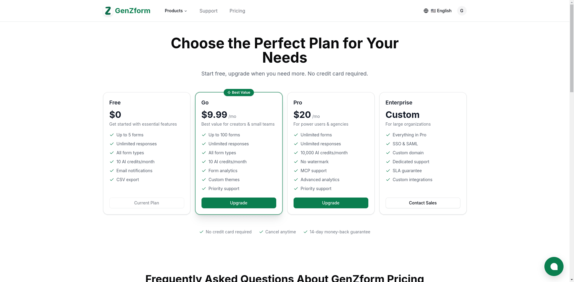 Pricing page showing available plans