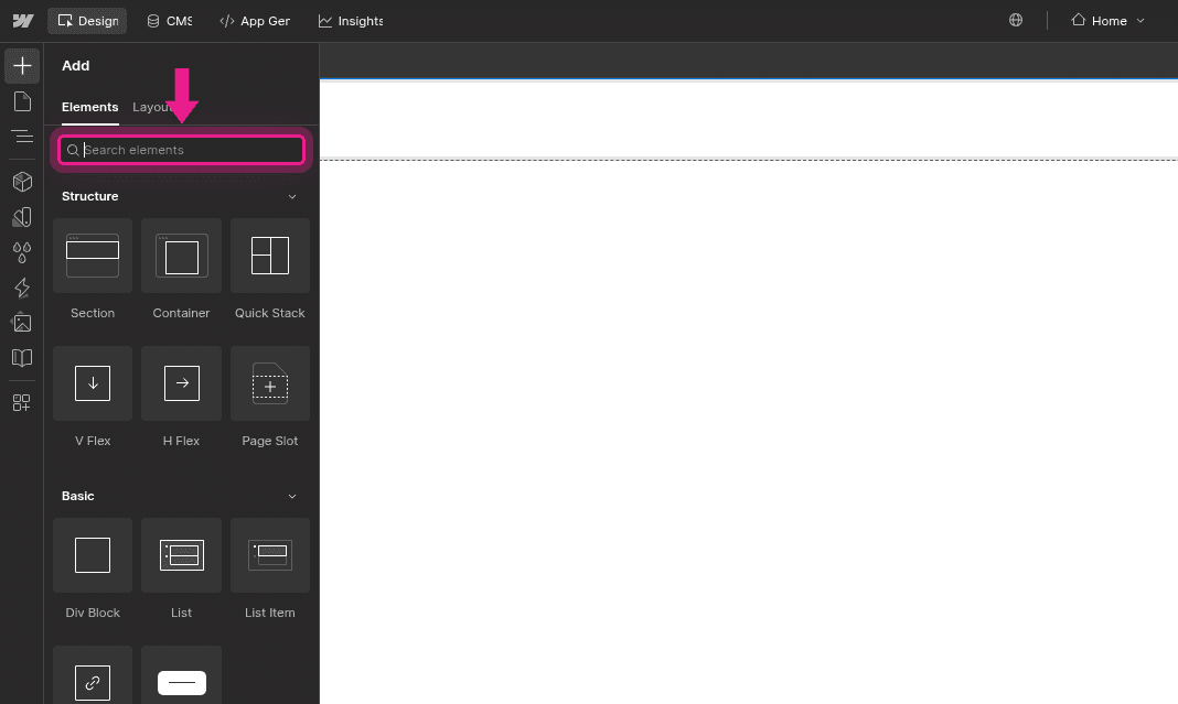 Webflow Add Elements search bar