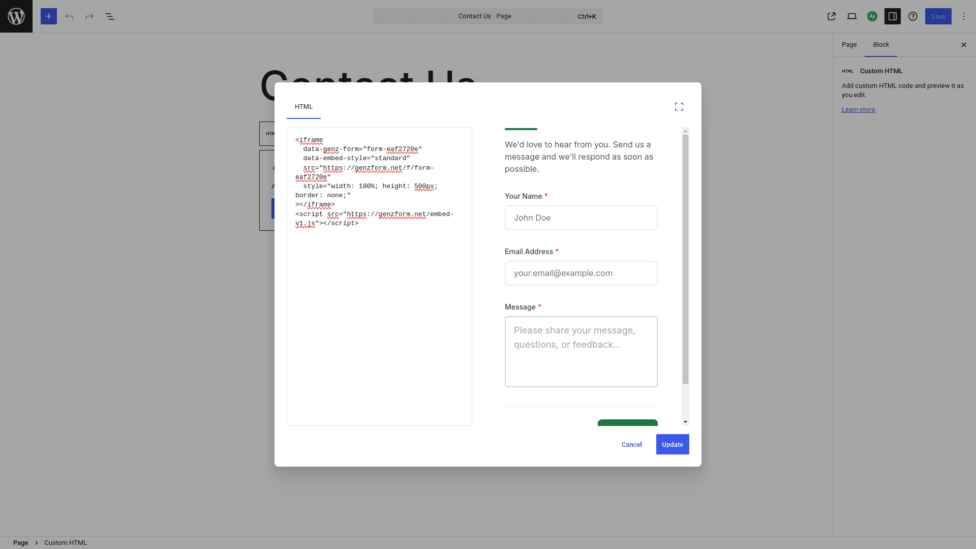 Embed code pasted into WordPress Custom HTML block