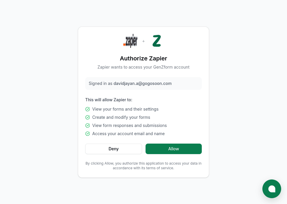 Authorize Zapier to access GenZform