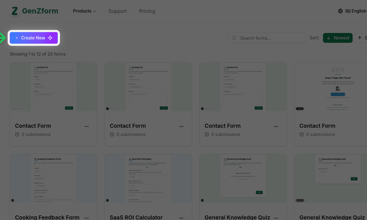 Click Create New on dashboard
