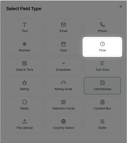 Time field in the field type selector