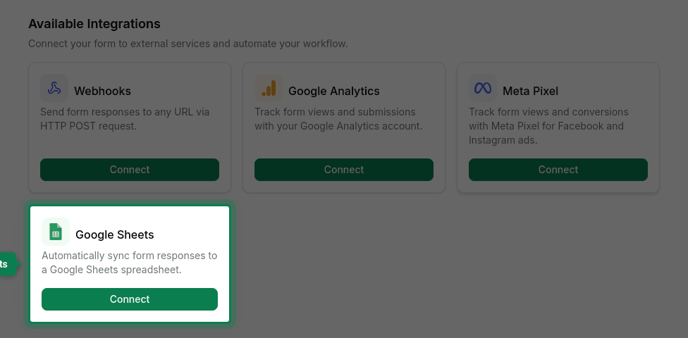 Integrations page with Google Sheets card highlighted
