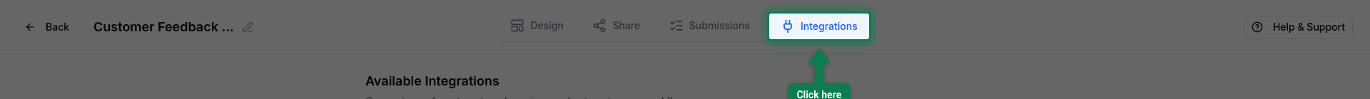 Editor showing the Integrations tab highlighted in the navigation