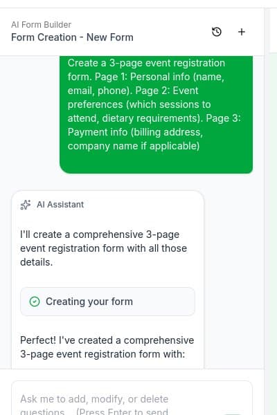 AI chat showing multi-page form request