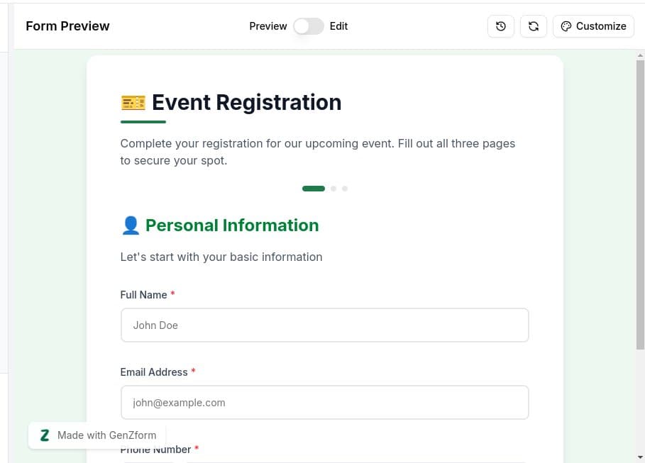 First page of multi-page form showing progress indicator