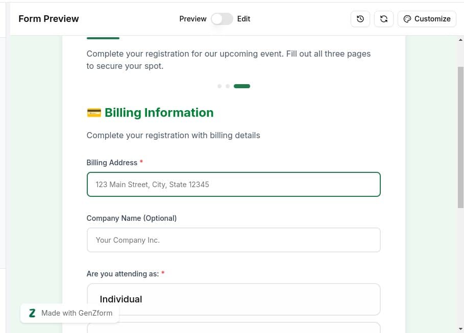 Final page with billing information and Submit button