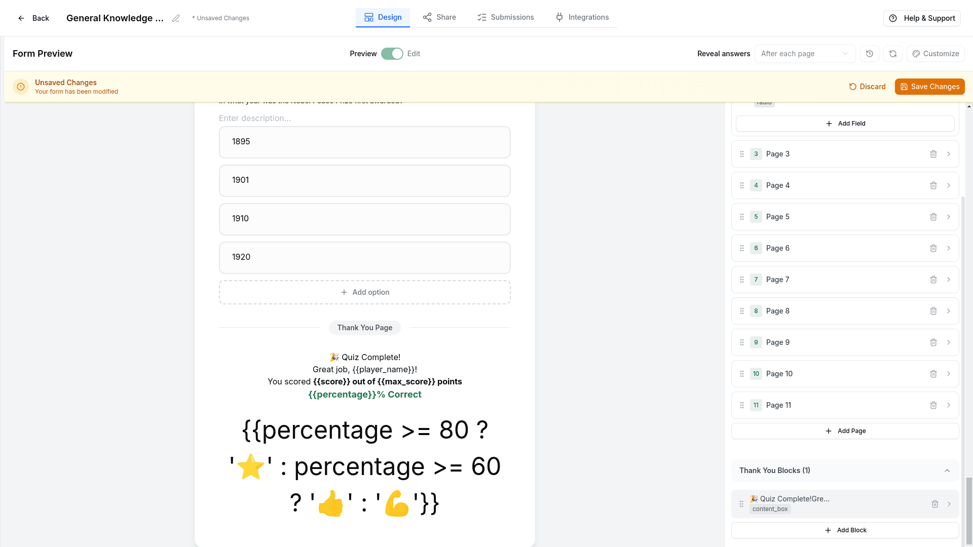 Thank You page editor showing score variables like name, score, max_score, and percentage with conditional emoji display