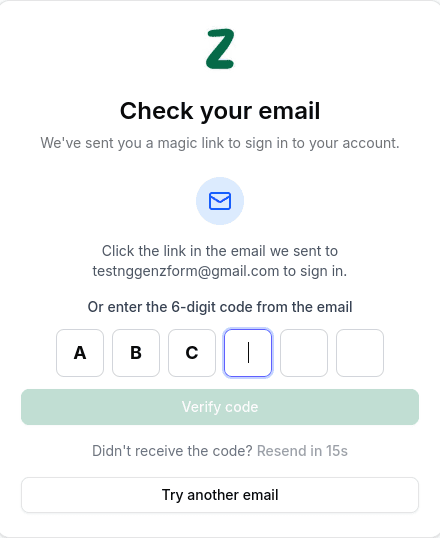 Code verification screen